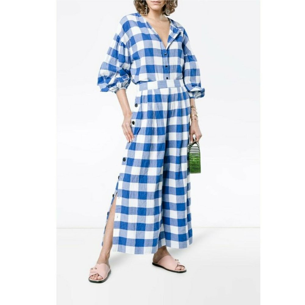 Mara Hoffman Womens Blue Angie Check High Waisted Wide Leg Trousers Pants Size 4